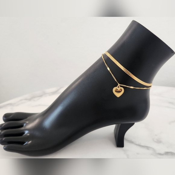 ​Gold Layered Heart and Herringbone Anklet - Picture 4 of 13